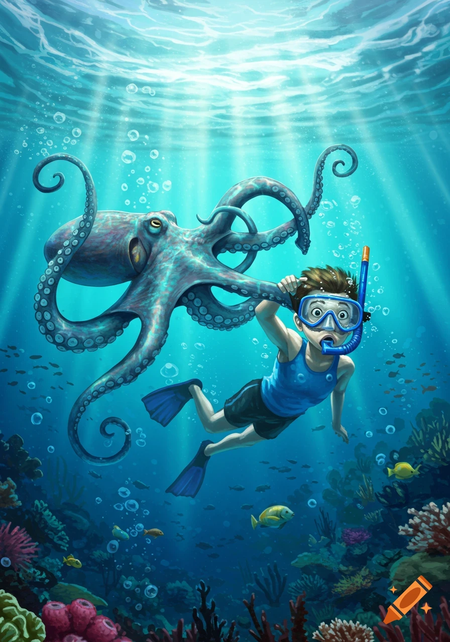 A cartoon illustration of a boy snorkeling underwater with an octopus pulling on his mask, amidst colorful coral and fish.