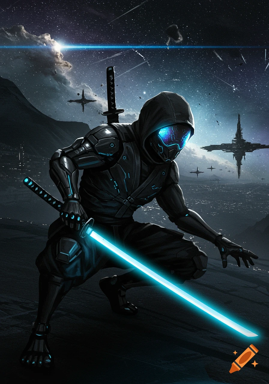 A futuristic ninja in dark armor crouches, holding a glowing blue katana against a starry night sky with a space station.