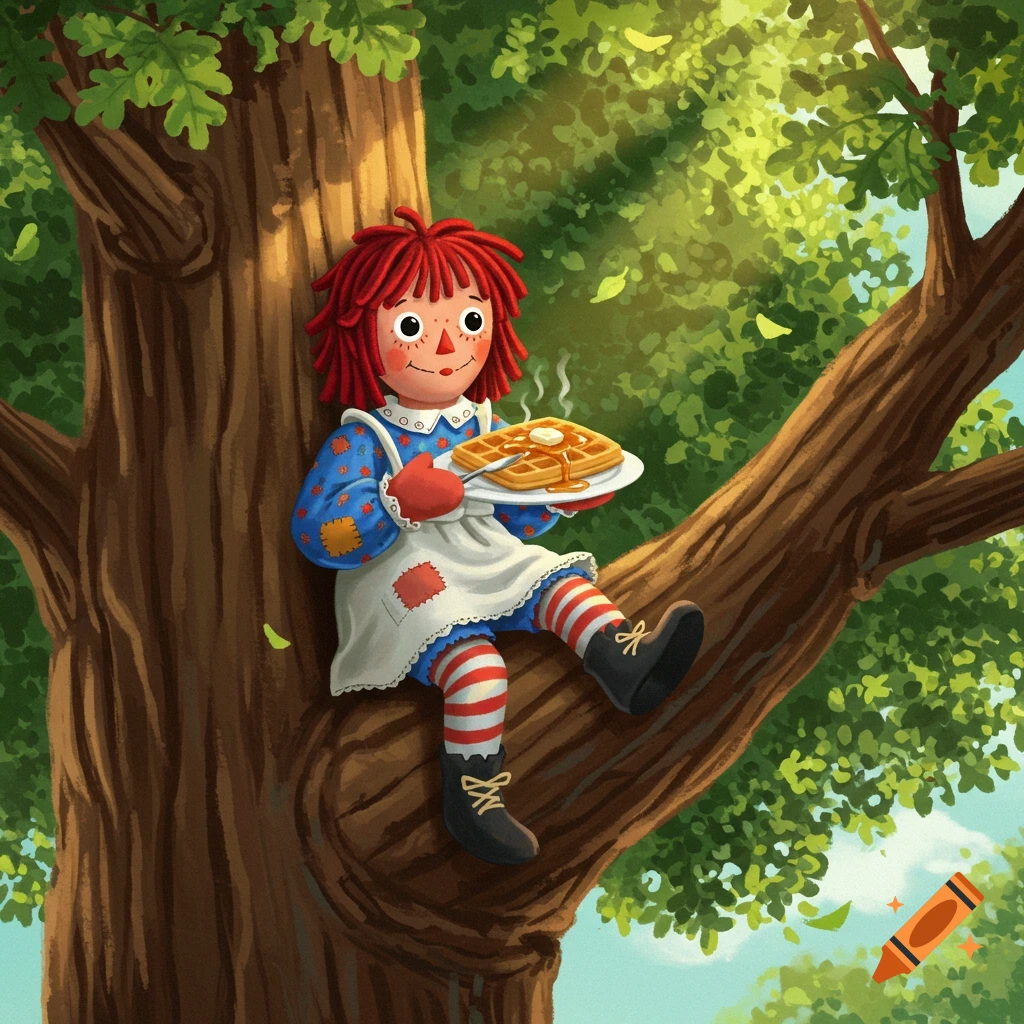 An illustration of Raggedy Ann sitting in a tree, holding a plate of waffles with butter and syrup.