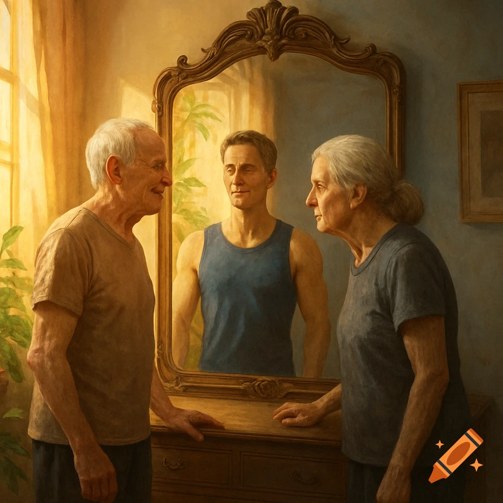 Two older adults look into an ornate mirror, seeing their younger selves in reflection, in a painterly style.