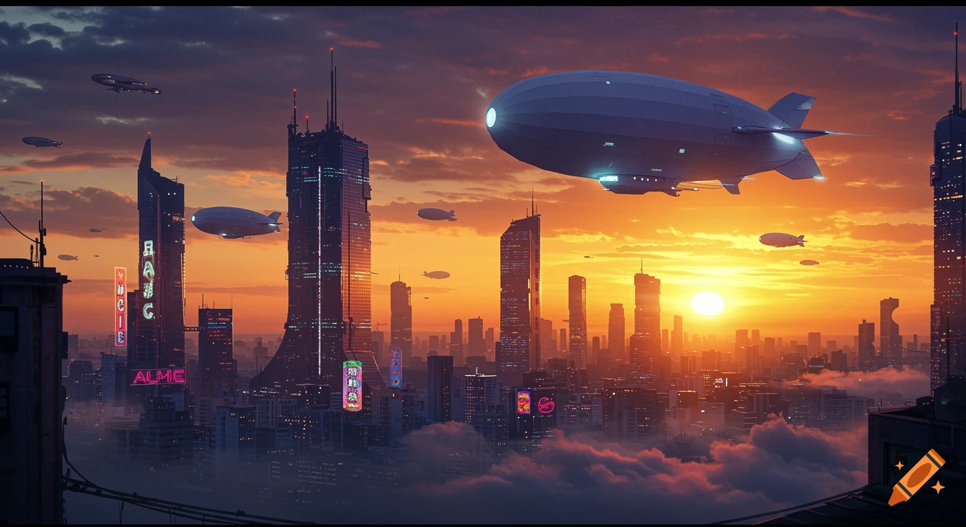 A futuristic city skyline at sunset with multiple airships flying above tall buildings with glowing signs and clouds below.