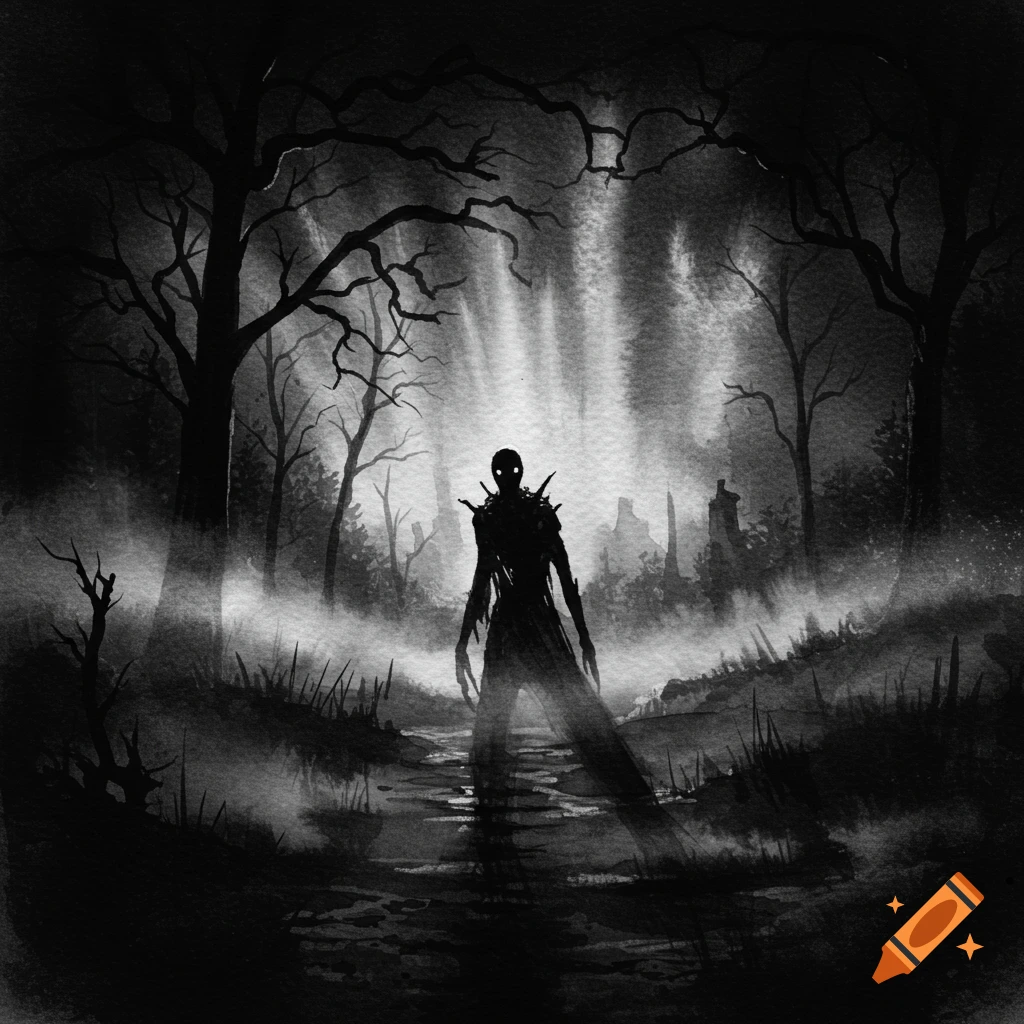 A menacing, malformed creature with glowing eyes stands in a foggy, dark forest, depicted in a monochrome watercolor style.