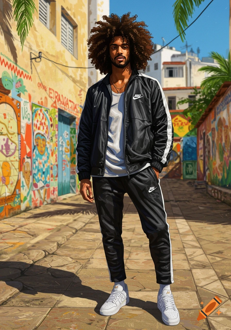A man with curly hair stands on a vibrant street with graffiti walls, wearing a black Nike tracksuit, white t-shirt, and white Nike shoes.