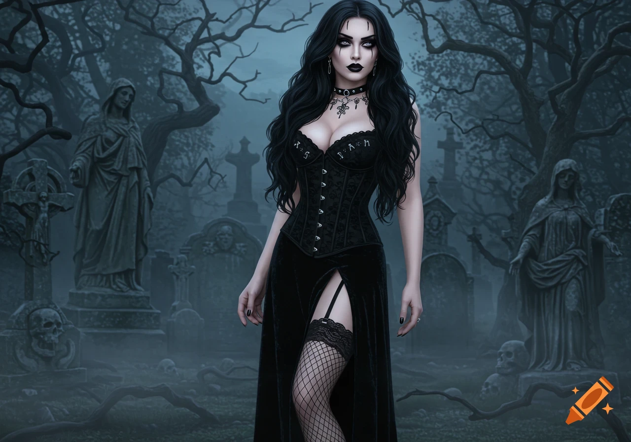 A gothic woman with long black hair, dramatic makeup, and a black corset with a high-slit velvet skirt stands in a misty graveyard.