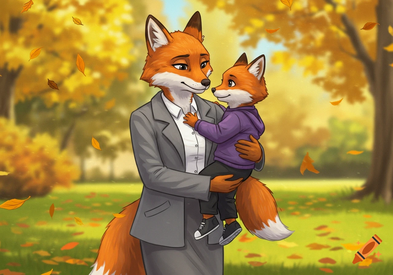 Animated anthropomorphic fox mother holding her child in an autumn park with falling leaves.