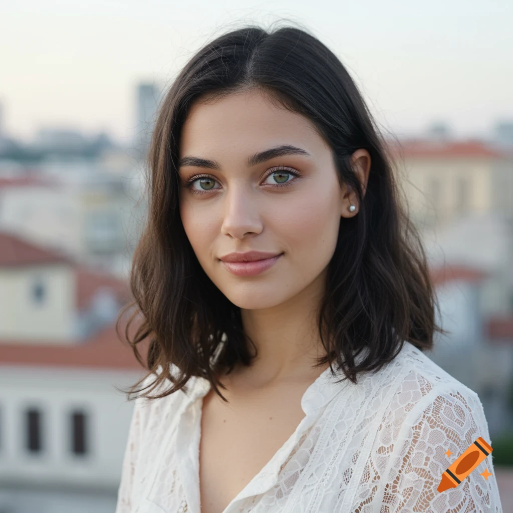 A photorealistic portrait of a young woman with dark hair and green eyes, wearing a white lace top, against a blurred city background.