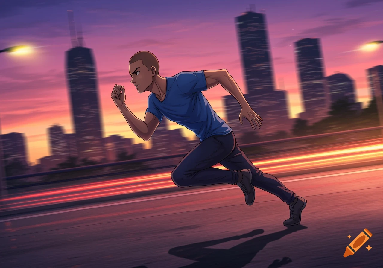 Anime man with a shaved head runs on a city street at sunset, blurred city buildings and light trails in the background.