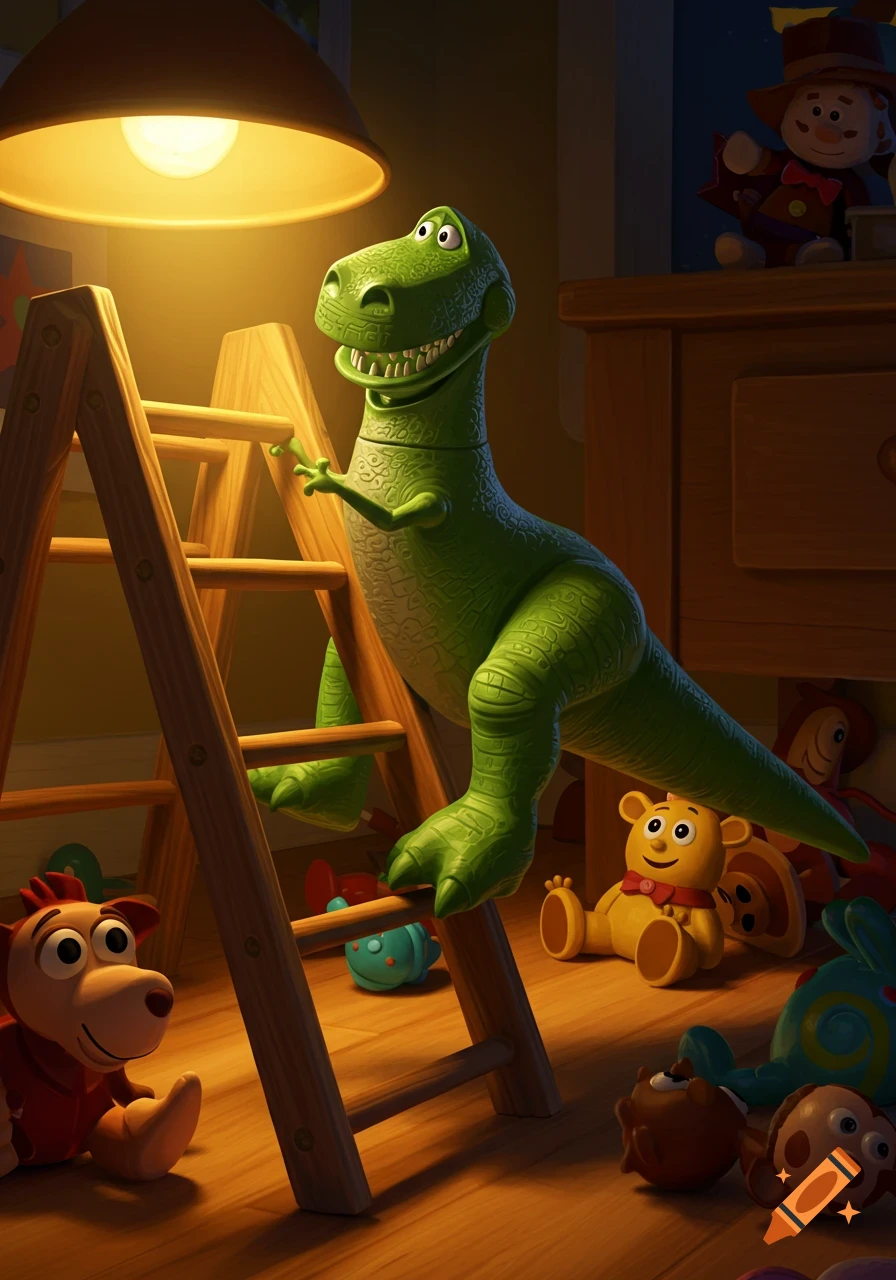 The green dinosaur Rex from Toy Story climbs a wooden ladder in a dimly lit room with other toys on the floor.