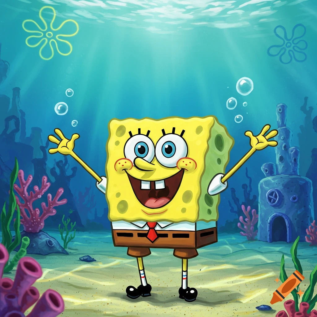 SpongeBob SquarePants smiles happily underwater, arms raised, surrounded by coral and seabed structures.