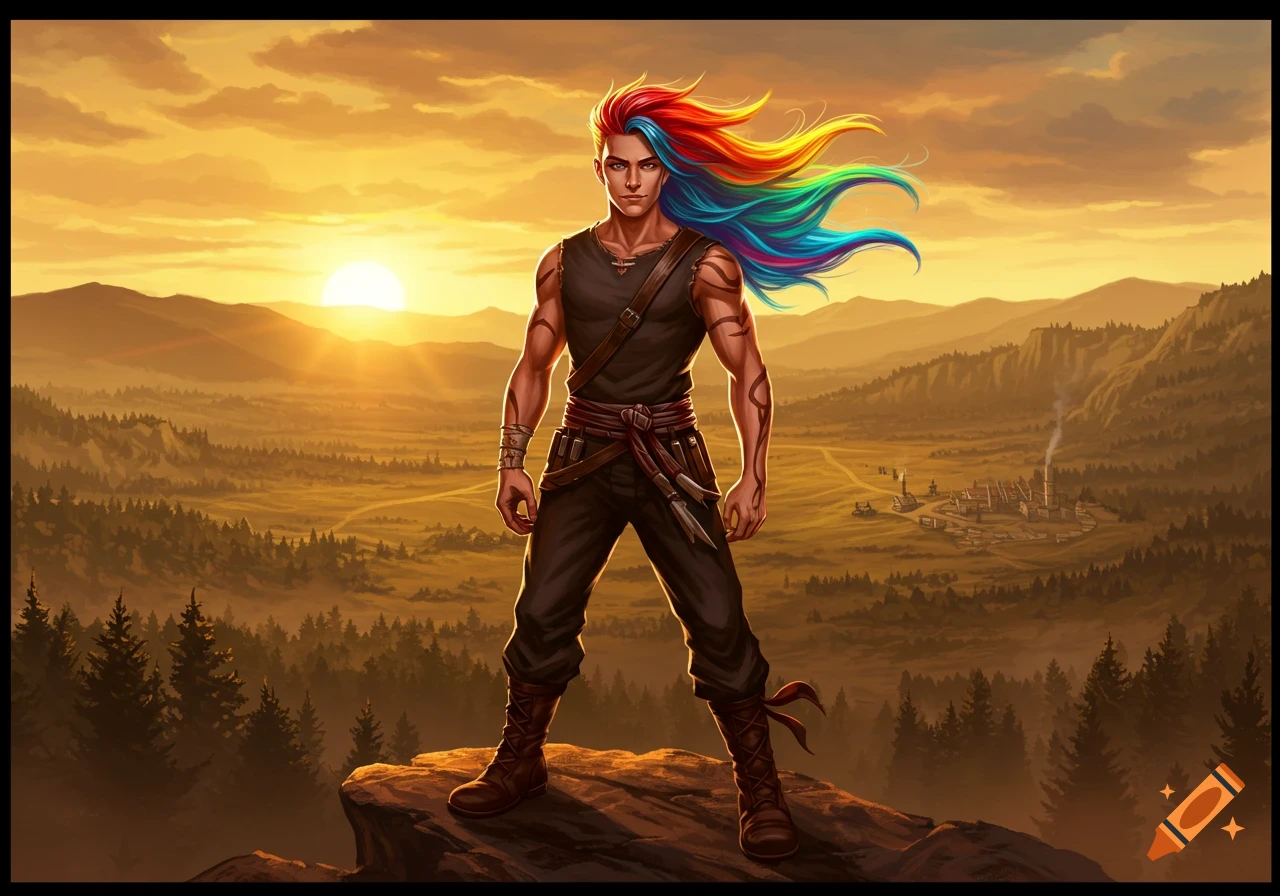 A male character with vibrant rainbow hair stands on a mountain cliff overlooking a vast valley and village at sunset, digital art.