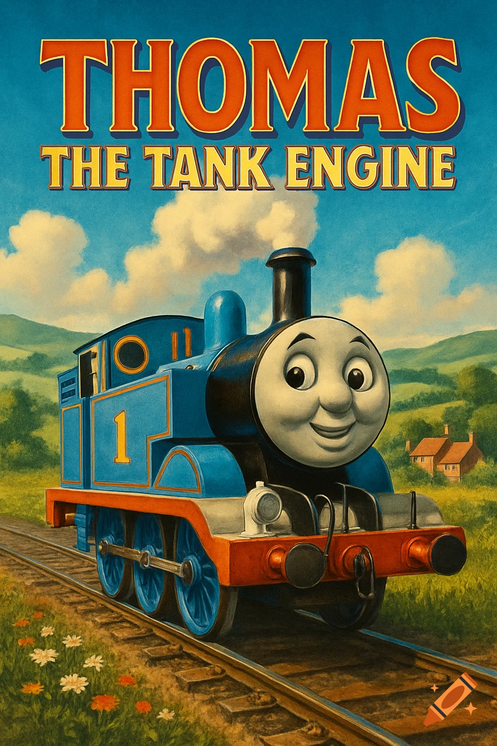 A colorful illustration of Thomas the Tank Engine on train tracks in a grassy landscape with hills and a house, with 'THOMAS THE TANK ENGINE' text above.
