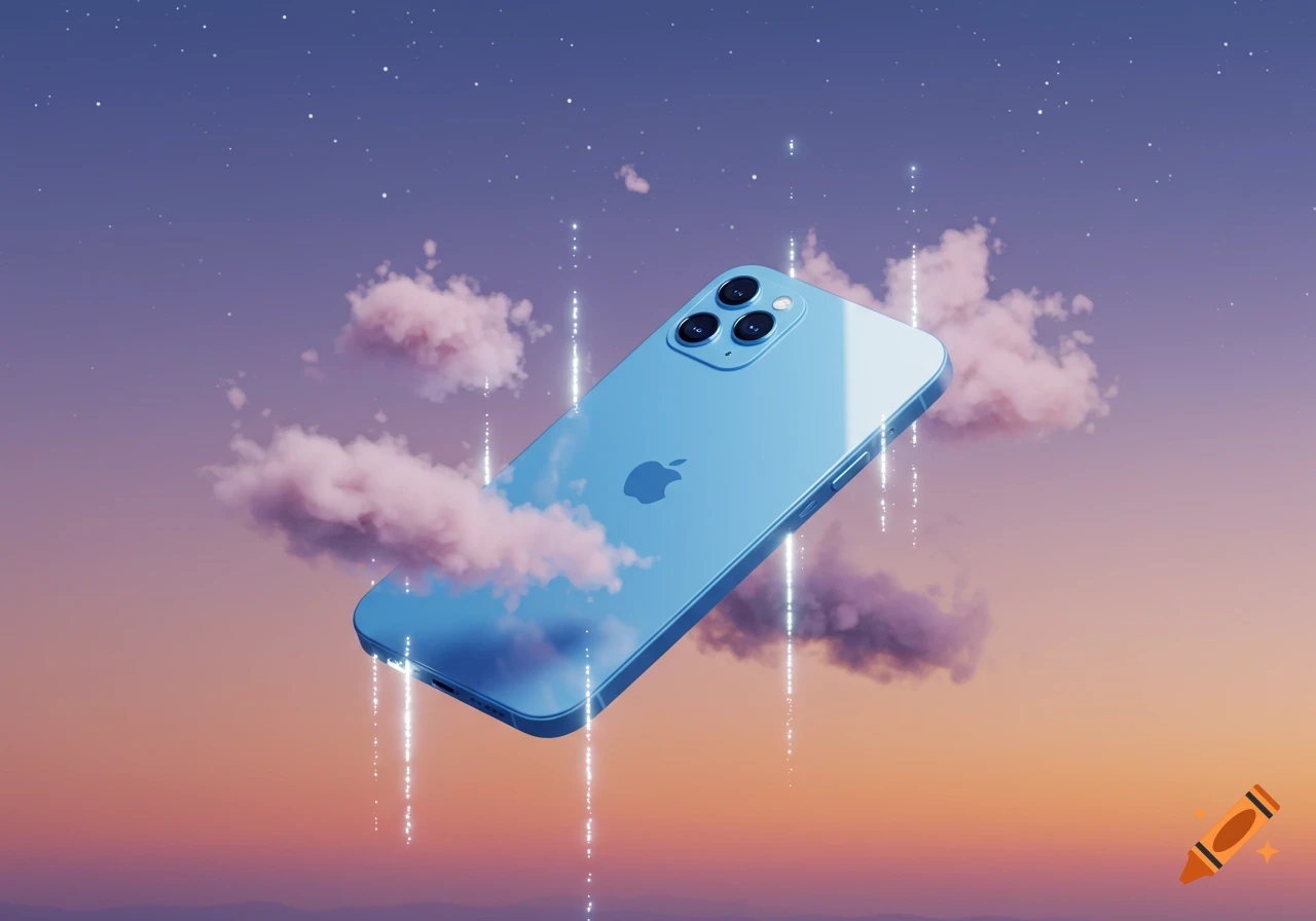 A blue iPhone floats on its back amidst pinkish-white clouds in a twilight sky with shimmering light trails.