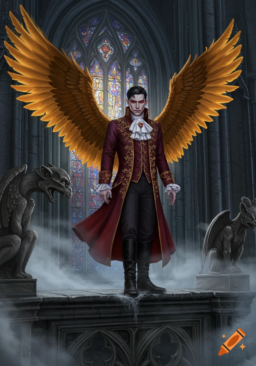 A male vampire with golden wings and red eyes, dressed in a red gothic coat, stands on a stone rooftop with gargoyles and a stained glass window.