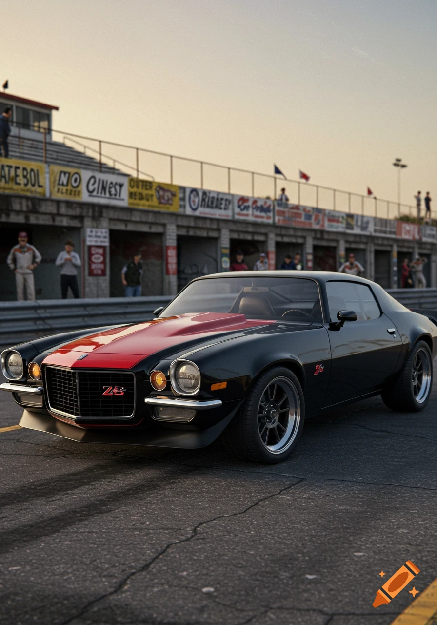 A black 1970 Camaro Z/28 with a red racing stripe parked on a race track at sunset, with pit garages and spectators in the background.