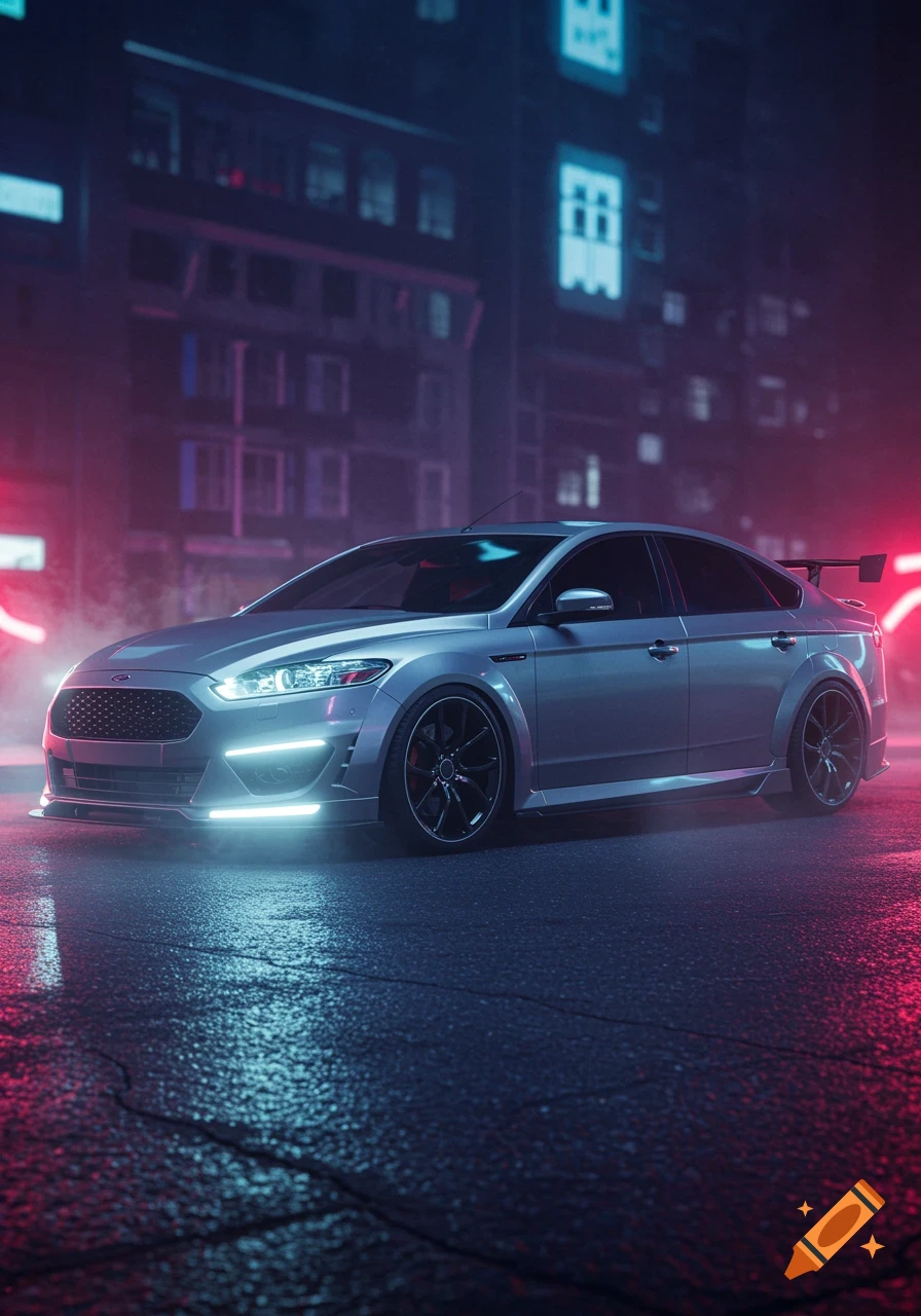 A silver Ford Mondeo with a custom body kit and neon lights parked on a wet city street at night under pink and blue neon signs.