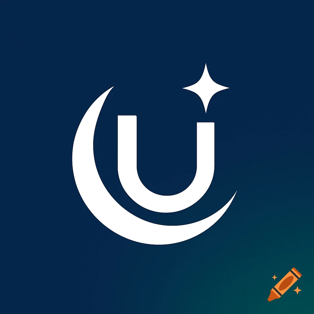 White stylized letter U resembling a crescent moon with a star, on a dark blue and green gradient background. Minimalist digital logo.