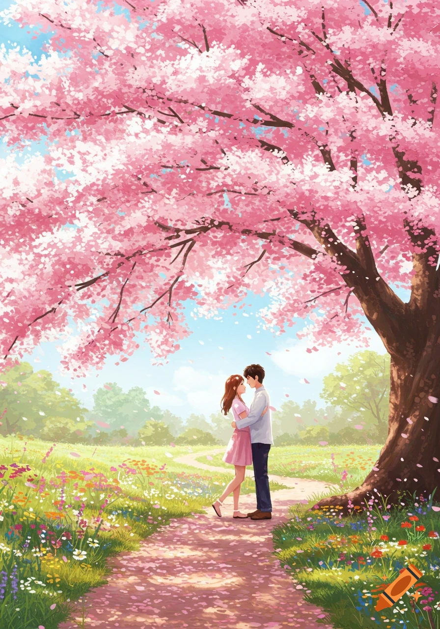 An anime couple embracing under a vibrant pink cherry blossom tree in a sunny park filled with flowers.