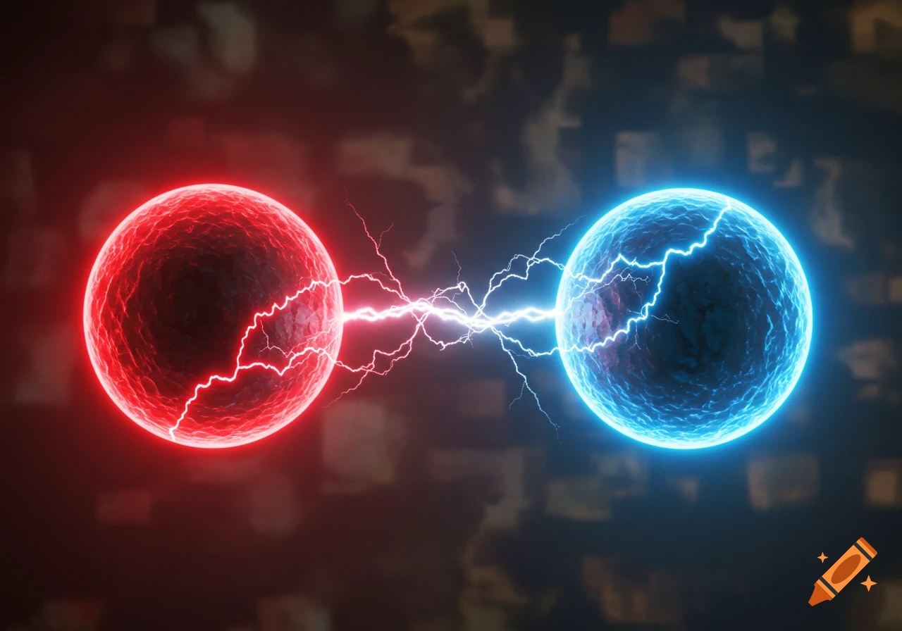 Two glowing orbs, red on left and blue on right, connected by a bolt of white lightning on a dark background.