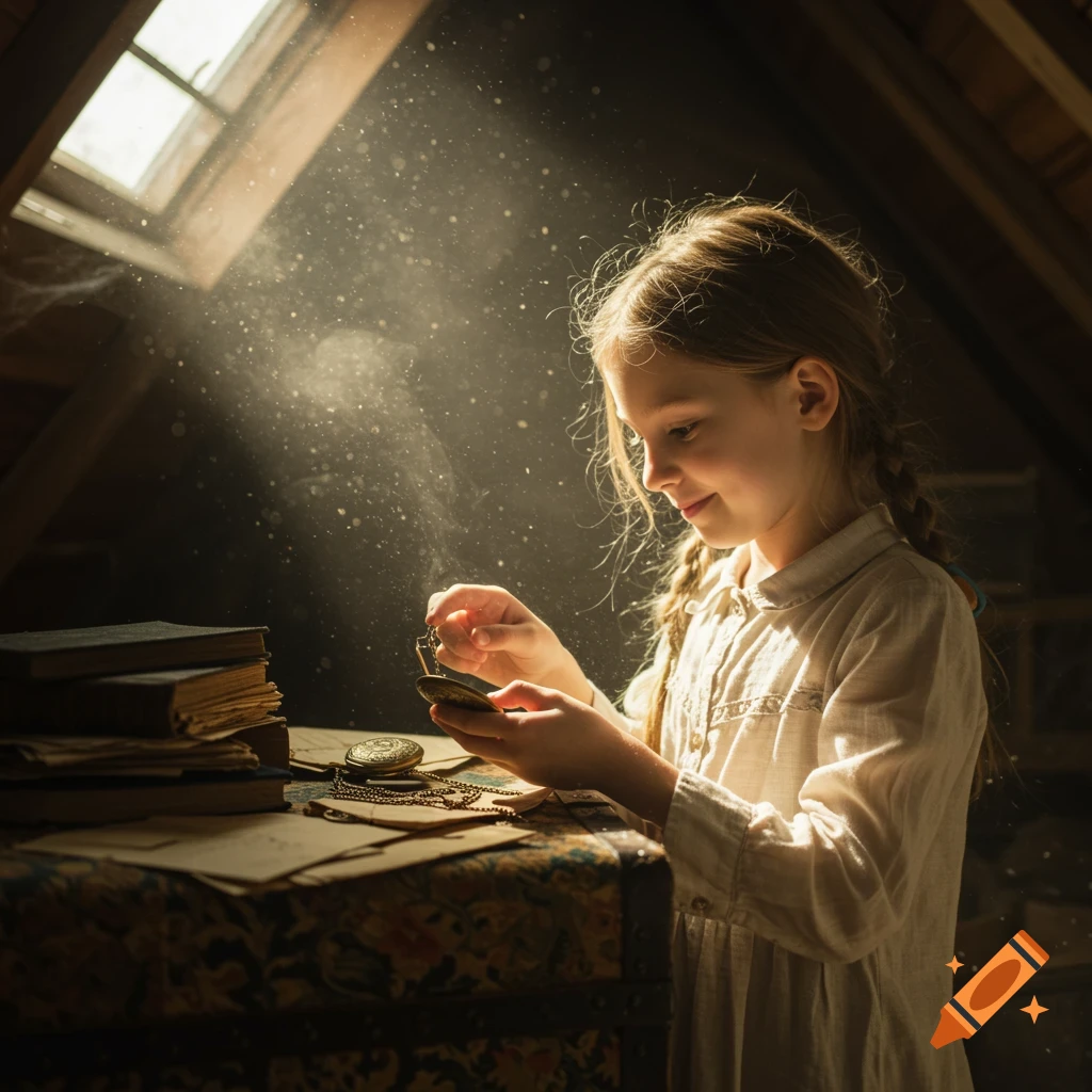A young girl in an attic sunlight examining an old pocket watch.