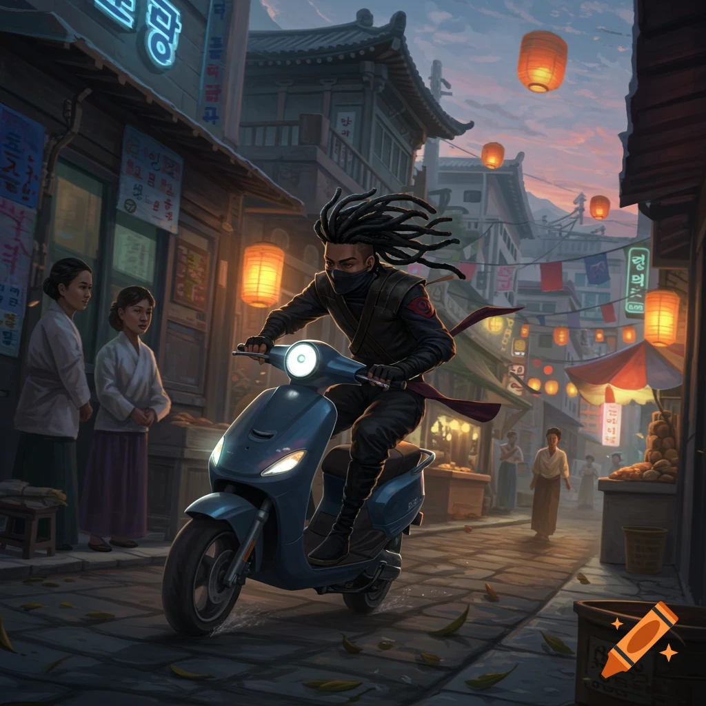 A stylized character with dreadlocks in a ninja-like outfit rides a scooter down a bustling Asian street at dusk, with lanterns and traditional buildings.
