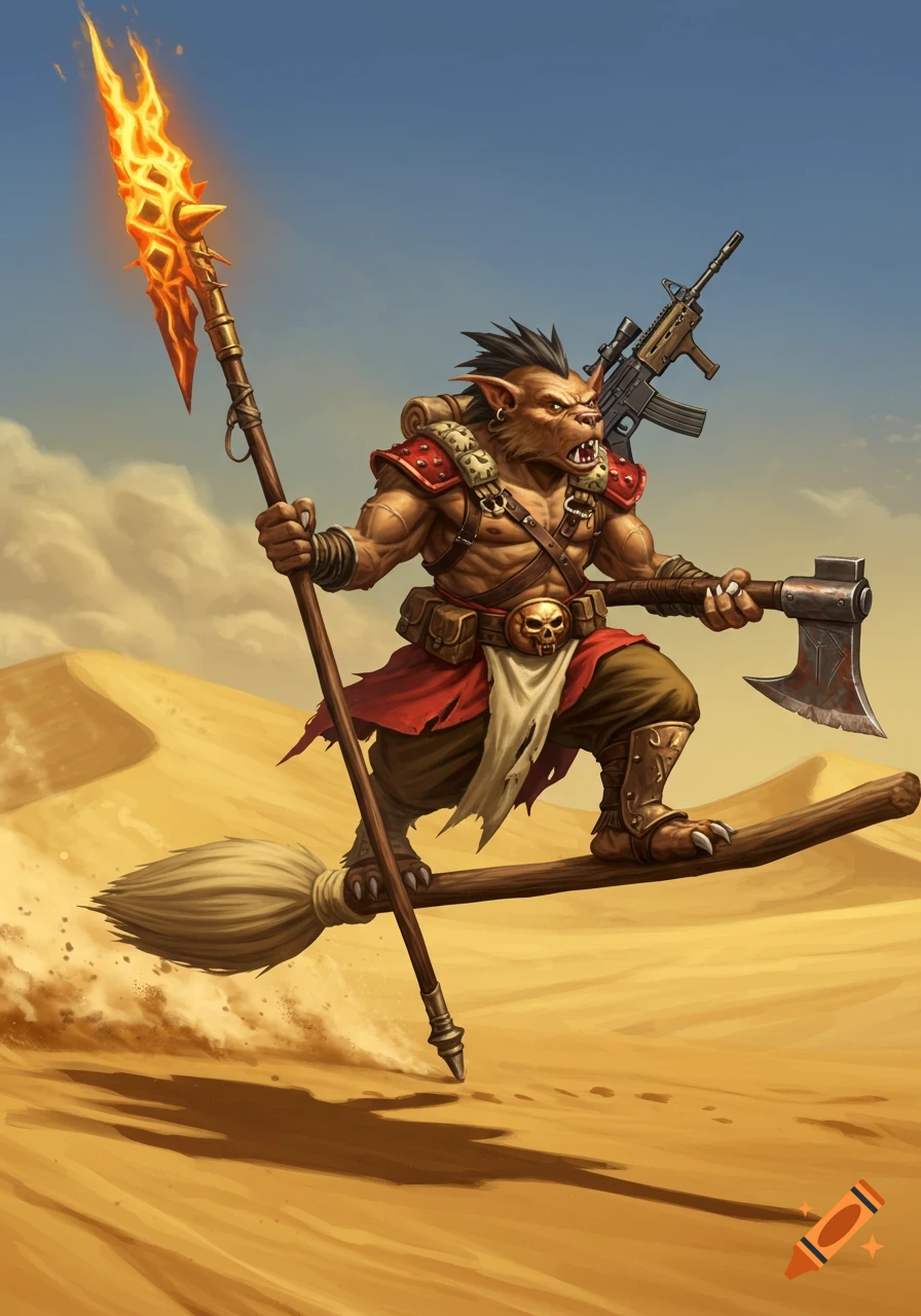 A fierce bugbear on a flying broom in a desert, holding a flaming spear and an axe, with a rifle on its back. Fantasy art.