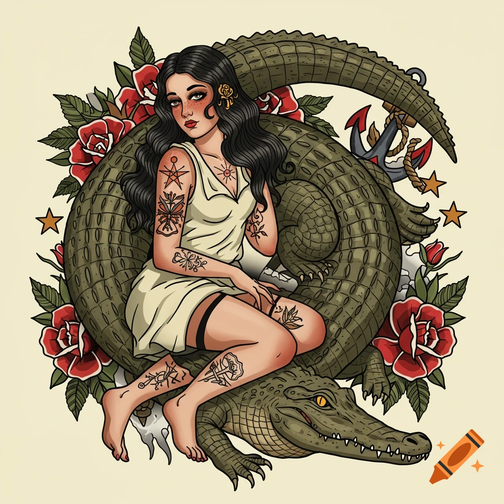 An American traditional tattoo-style illustration of a woman with dark hair and tattoos, wearing a light dress, sitting atop a large alligator. Red roses, anchors, and stars surround them on a light background.