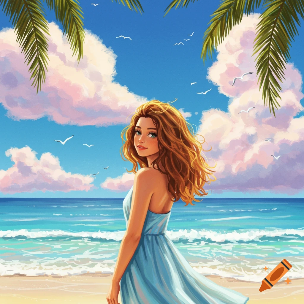 An illustration of a woman with long wavy hair in a blue dress standing on a sunny beach with palm trees and seagulls.