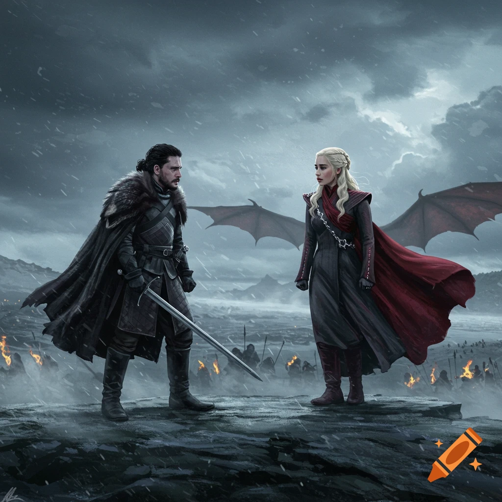 Jon Snow and Daenerys Targaryen stand on a snowy battlefield with dragons overhead, looking at each other intensely.