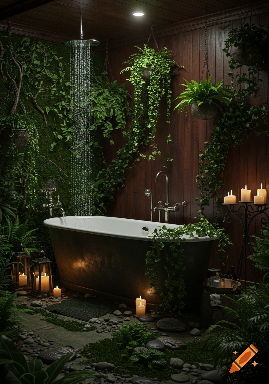A mystical, plant-filled bathroom with a dark bathtub under a rain shower, illuminated by several candles and soft lighting.