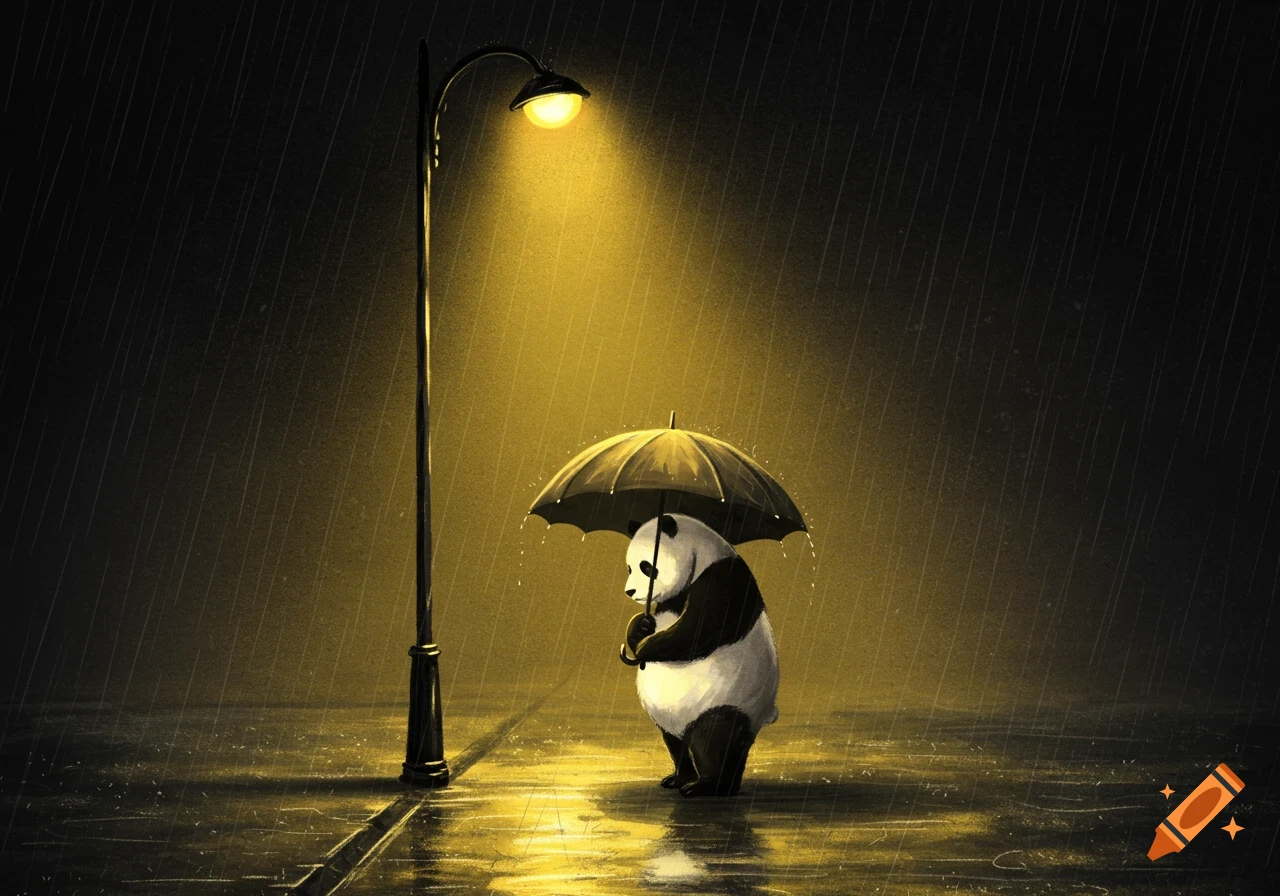 A sad panda holds an umbrella under a glowing streetlight in the rain on a dark, wet street, in a painting style.
