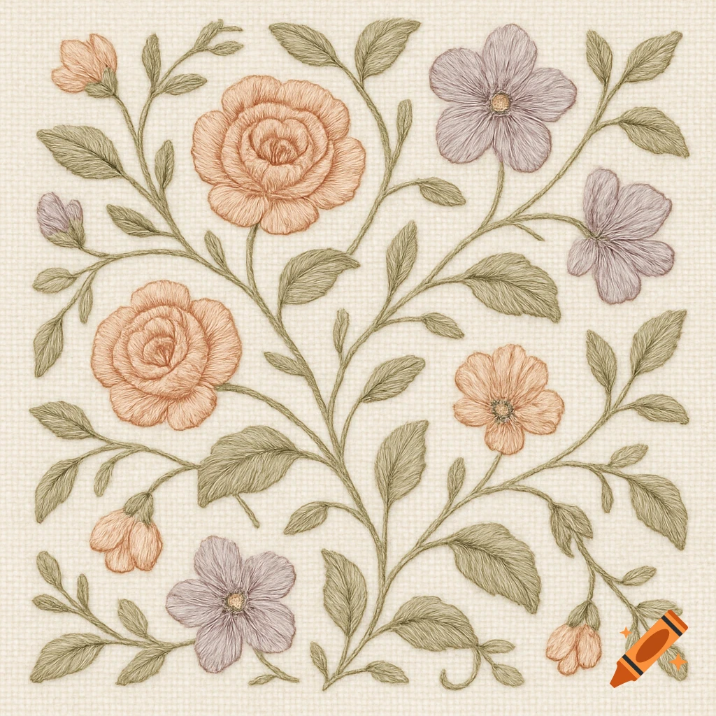 Floral embroidery pattern with peach and purple flowers, green leaves, and stems on a cream background.