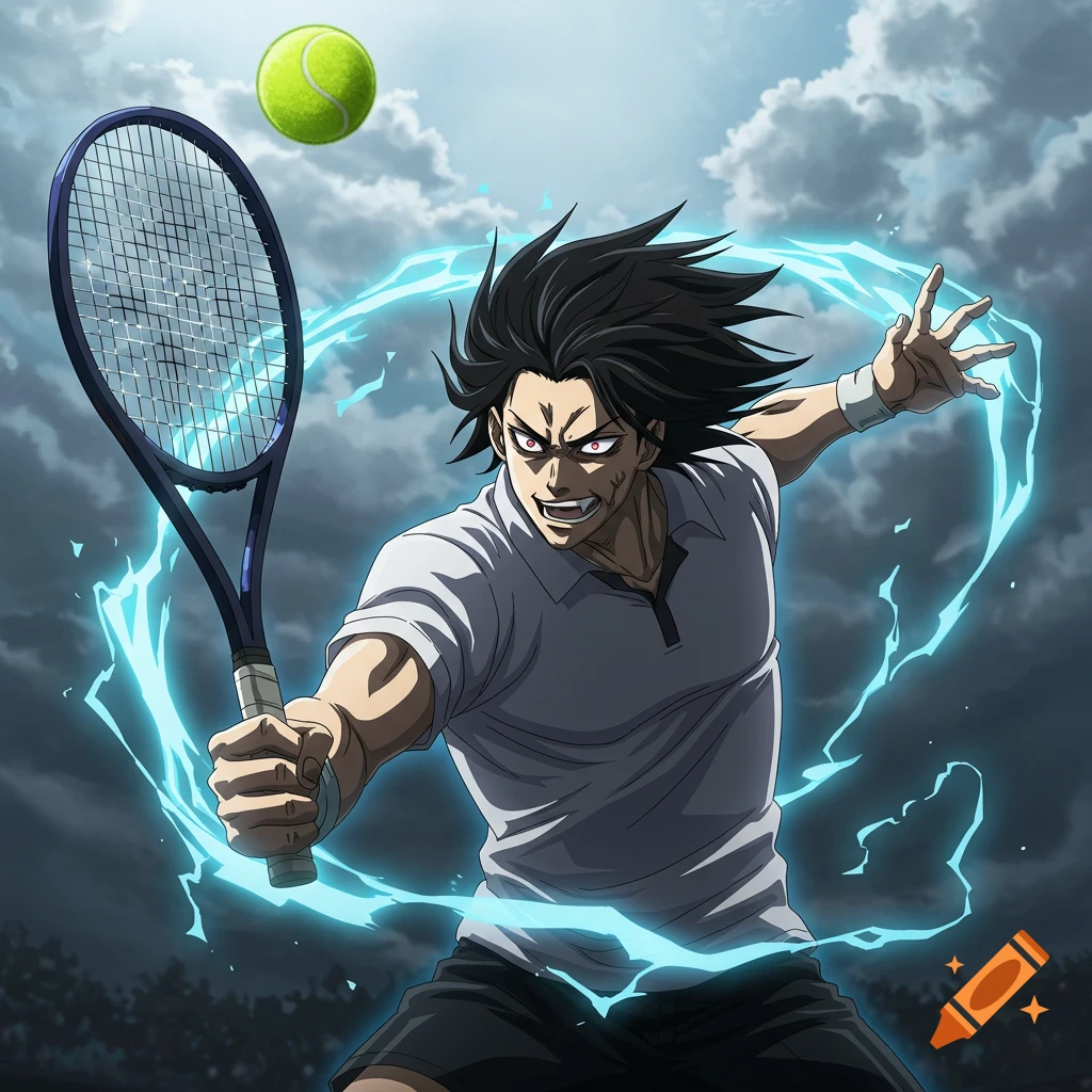 Intense anime man with black hair, red eyes, and fangs in a white polo shirt hits a tennis ball with a blue glowing aura on a court.