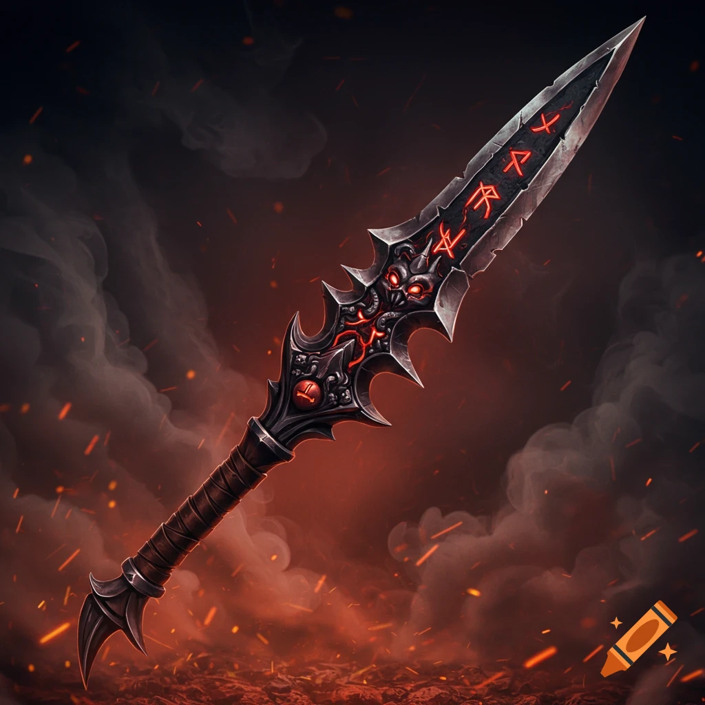 A dark, demonic weapon with glowing red runes on its blade and a skull-like hilt, set against a fiery, smoky background.