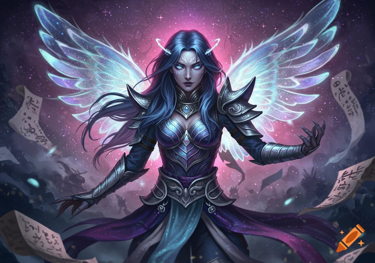 A blue-haired female fantasy warrior with glowing eyes and ethereal wings stands in intricate armor against a pink cosmic background with floating scrolls.