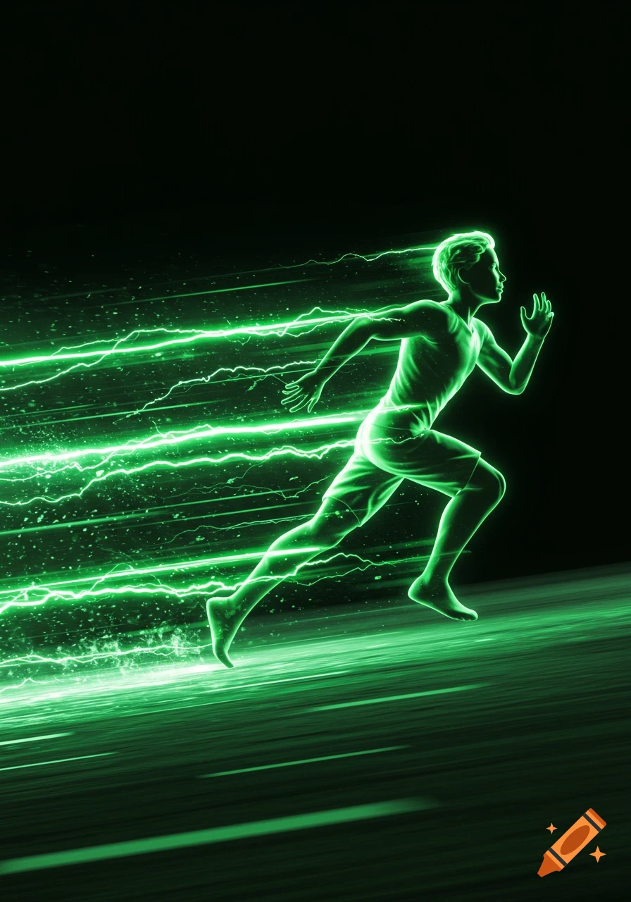 Neon green digital art of a running boy silhouette with speed streaks and lightning against a black background.
