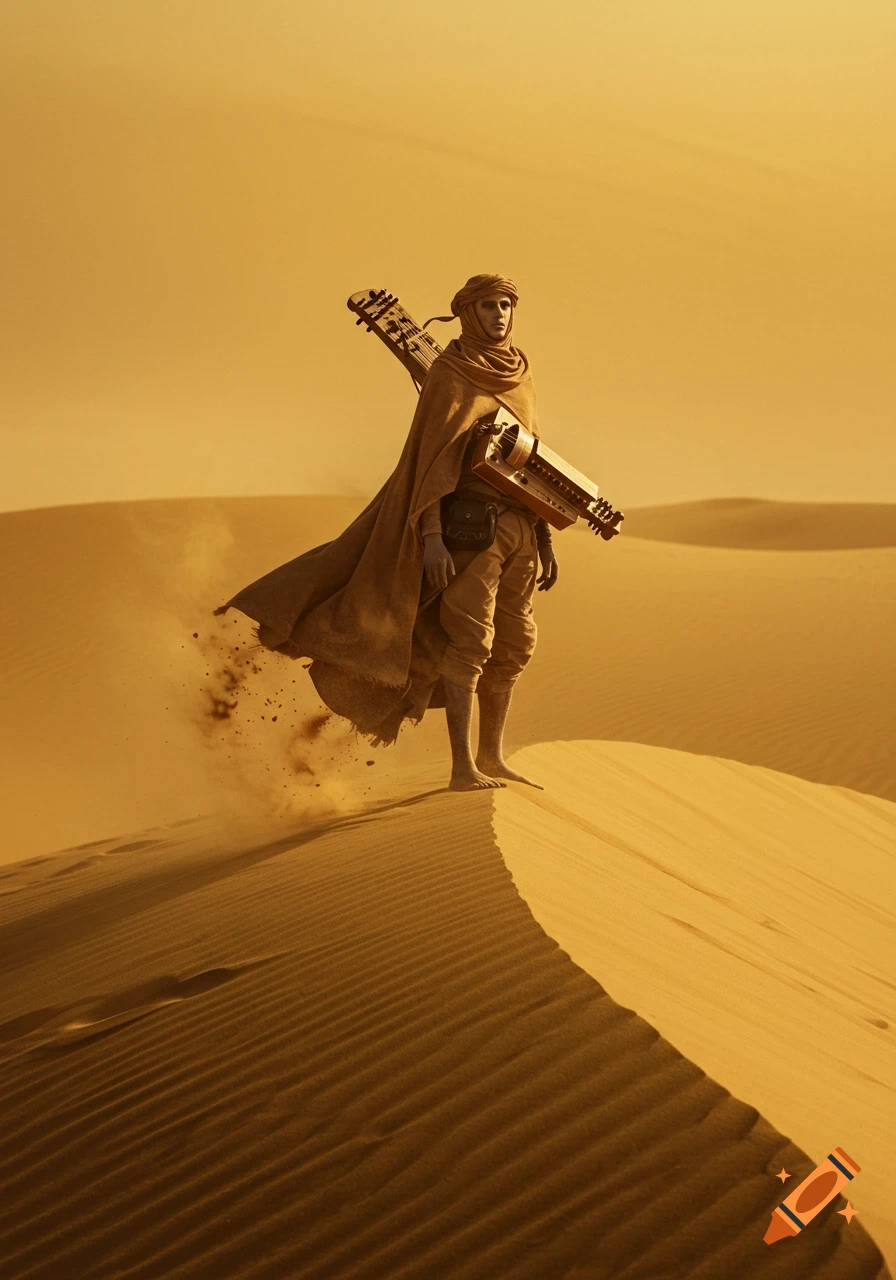 A robed figure with a hurdy-gurdy stands on a sand dune in a golden desert with sand blowing around their feet.
