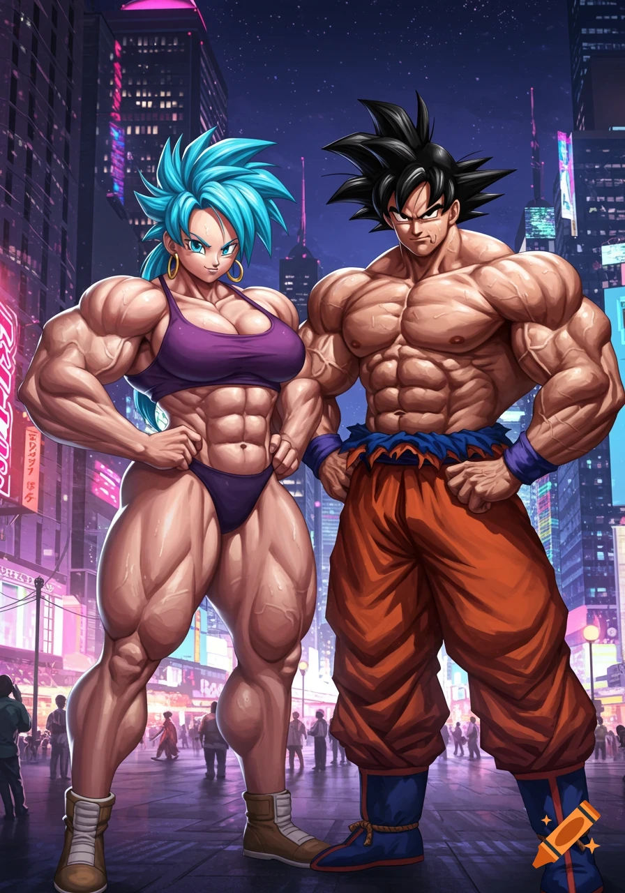 An extremely muscular male and female bodybuilder standing together on a city street at night, in an anime art style.