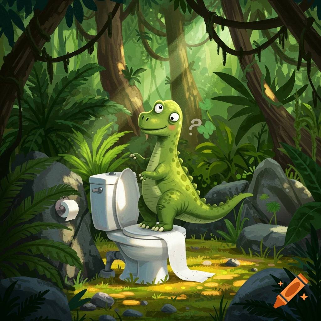 A cute cartoon green dinosaur stands on a toilet in a lush jungle, looking confused with a question mark above its head.