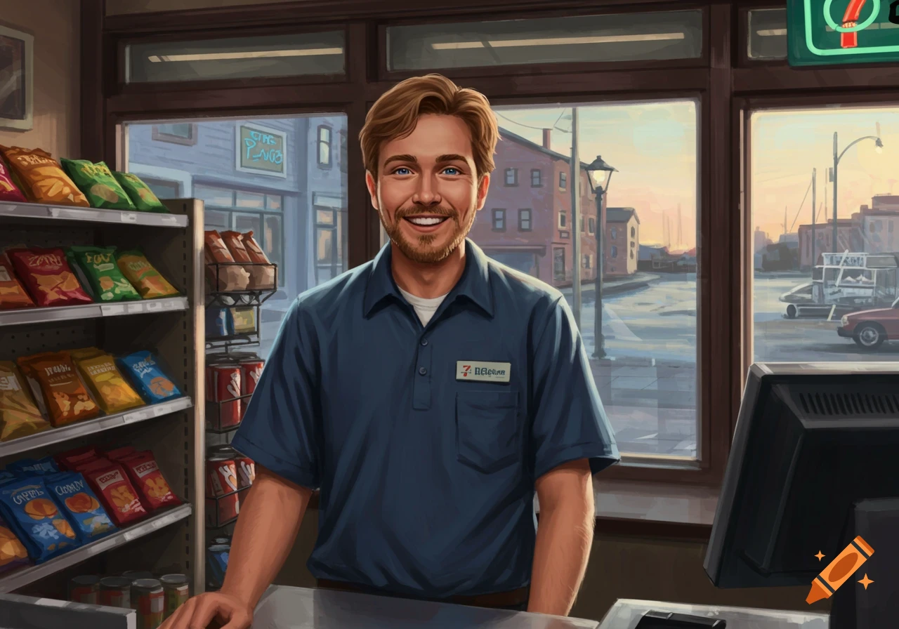 Illustration of a smiling man with a beard wearing a blue polo shirt and a name tag, standing behind a counter in a convenience store with shelves of snacks and a street view outside.