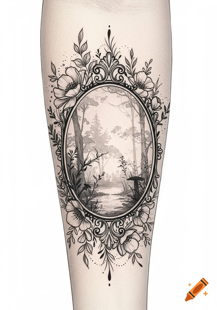 Black and grey forearm tattoo of a misty forest scene in an oval frame, surrounded by intricate floral and vine details.