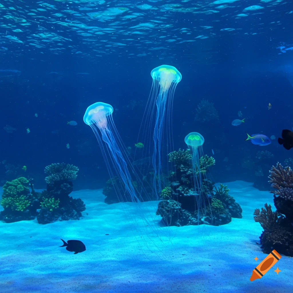 An underwater scene with three glowing jellyfish, coral formations, and various fish swimming in clear blue water.