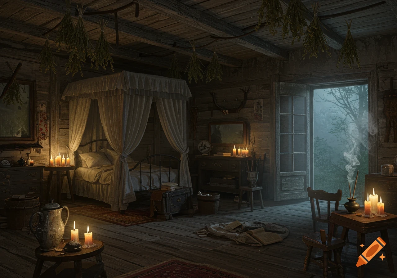 A dimly lit rustic bedroom with a four-poster bed, dried herbs, candles, and antique furniture, looking out onto a misty forest.