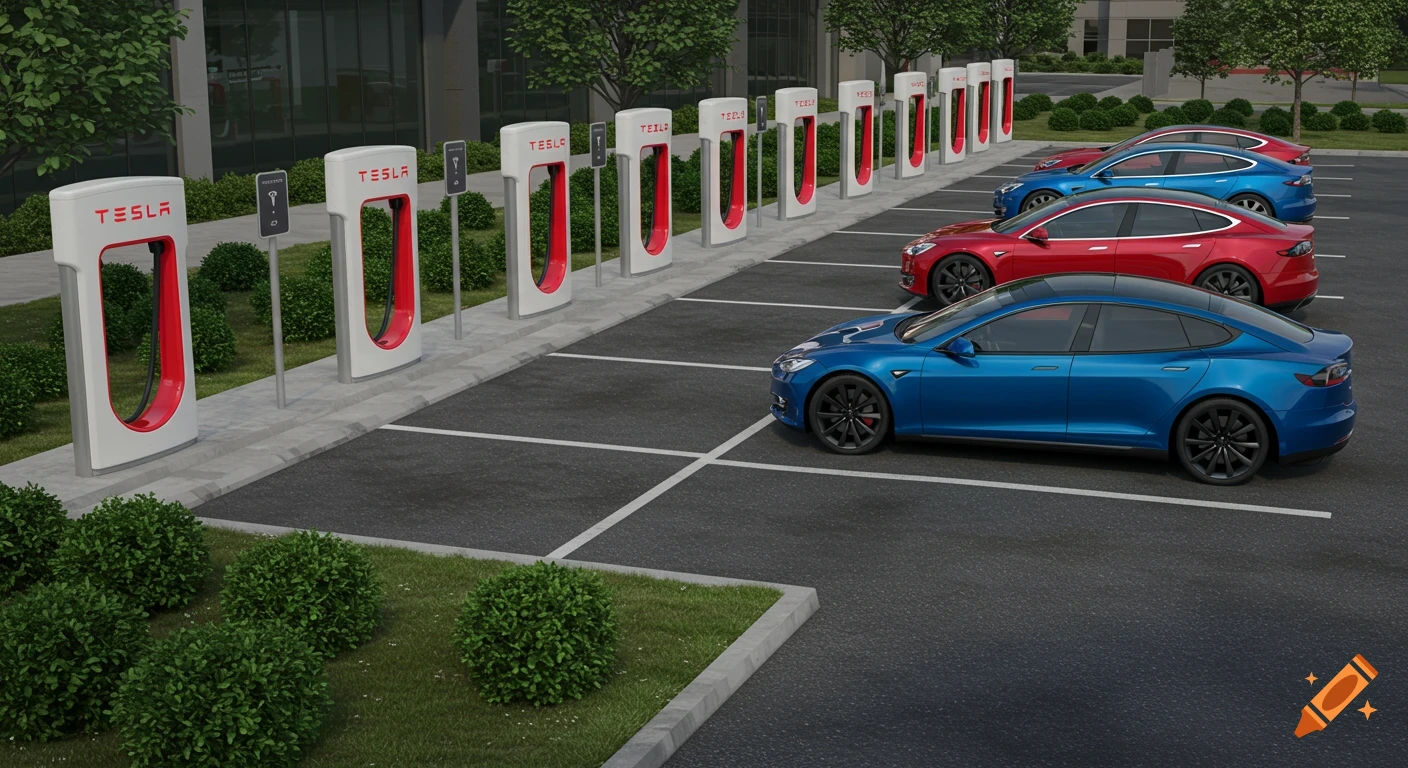 Several red and blue Tesla cars parked at a long row of white Tesla Superchargers in a parking lot, with green bushes and a building in the background.