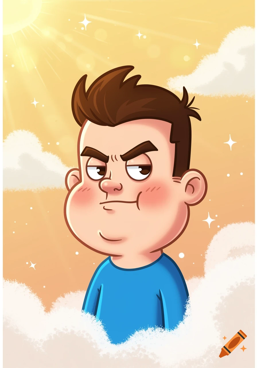Cartoon portrait of a boy with brown spiky hair, a cheeky grin, and angry eyebrows, wearing a blue shirt against a sunny sky.