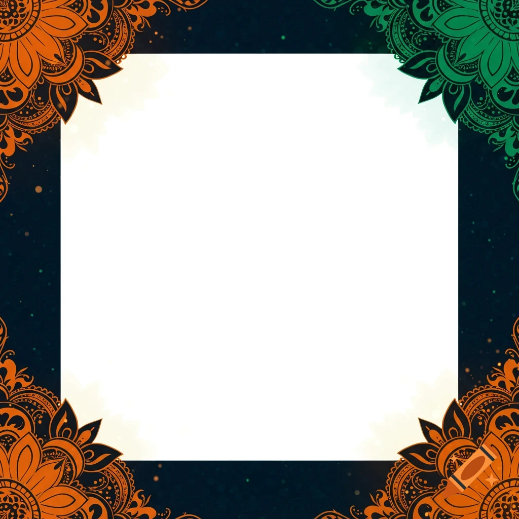 Decorative border with orange and green floral patterns on dark background, framing white space.