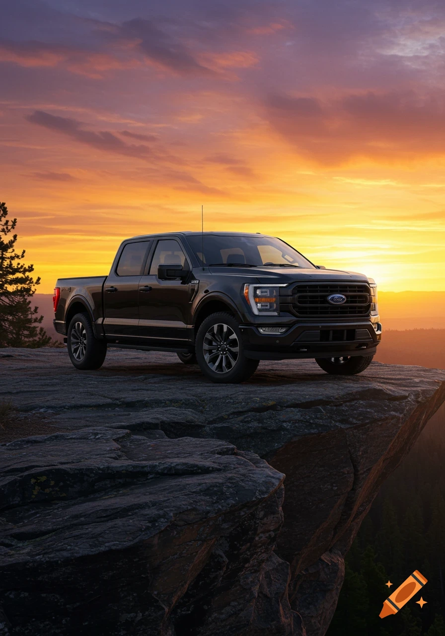 A black Ford F-150 truck is parked on a rocky cliff overlooking a vast landscape under a vibrant orange and purple sunset.