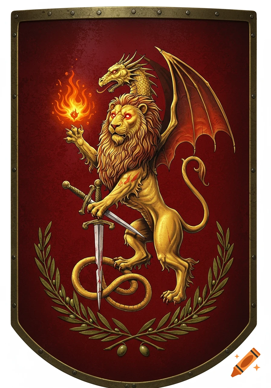 A golden draconic lion with a dragon head, wings, and a sword on a crimson shield, with an olive branch at its base.