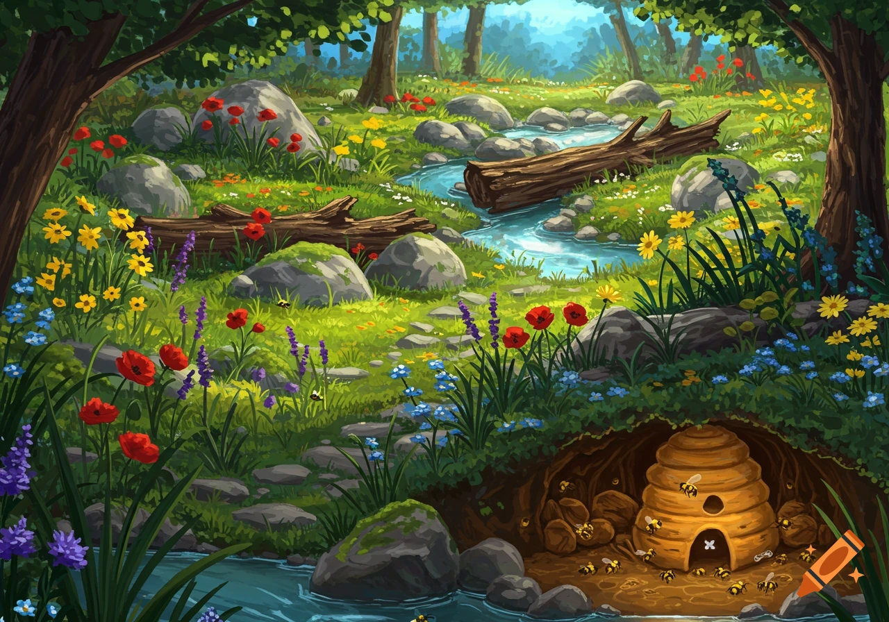 A colorful illustration of a vibrant forest scene with a stream, logs, rocks, wildflowers, and a large beehive in a bank with bees flying around.