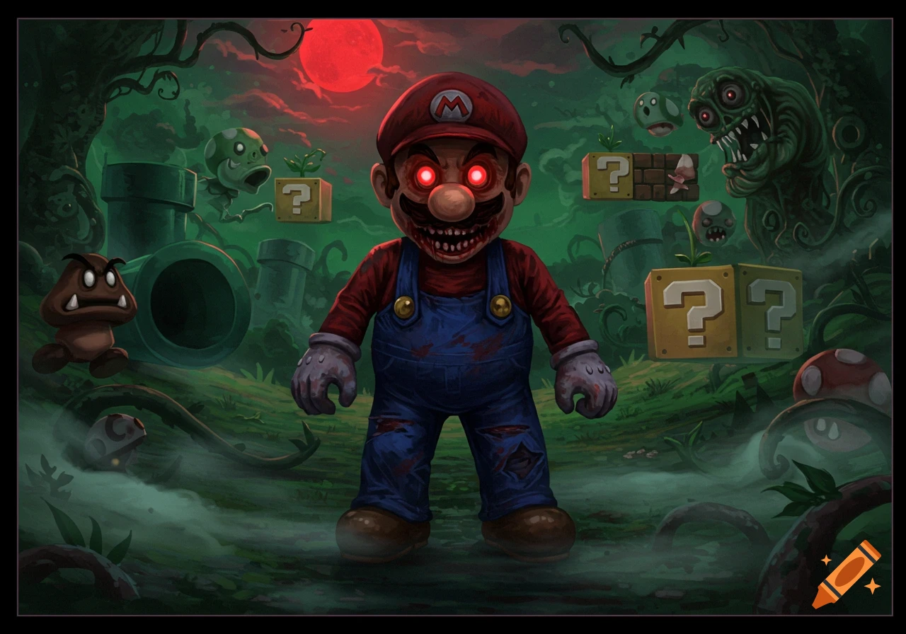 A horrifying, zombie-like Mario with glowing red eyes and a monstrous mouth stands in a dark, misty forest with other mutated Mario enemies and question mark blocks under a red moon.
