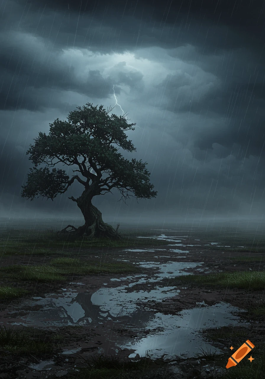 A lone, gnarled tree in a muddy field during a heavy rainstorm with lightning.